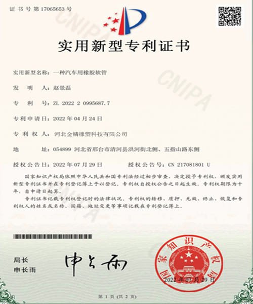 Silicone hose patent certificate 2